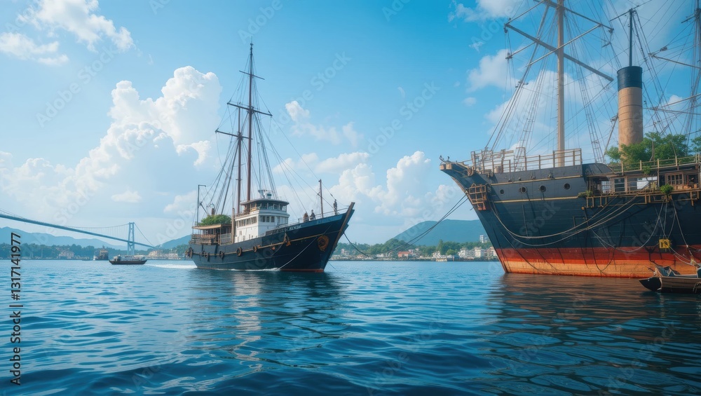 Historic Ships Anchored in Tranquil Waters Under a Bright Blue Sky with Fluffy White Clouds Historic Ships Anchored in Tranquil Waters Under a Bright Blue Sky with Fluffy White Clouds