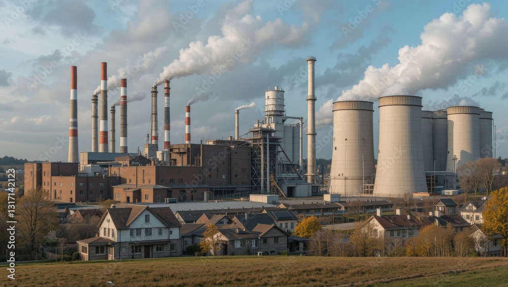 Industrial Complex with Smokestacks Against a Dramatic Sky in a Rural Landscape Industrial Complex with Smokestacks Against a Dramatic Sky in a Rural Landscape