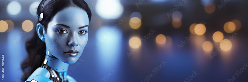 Portrait of a beautiful young woman with robot head over dark background.