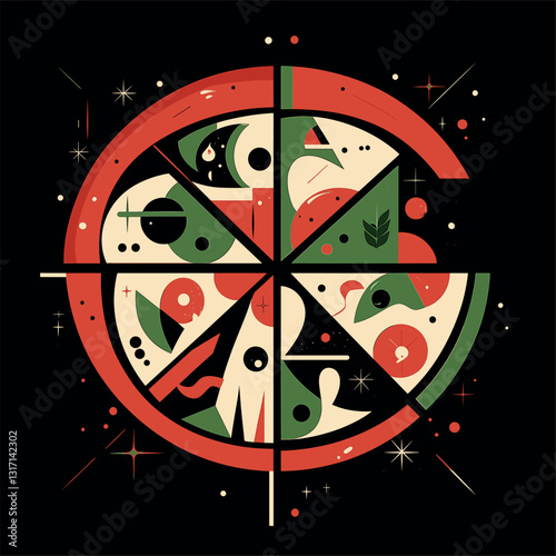abstract pizza, stylish mid century art design with green white red colors, minimalist 2d flat vector illustration, geometric shapes, on black background