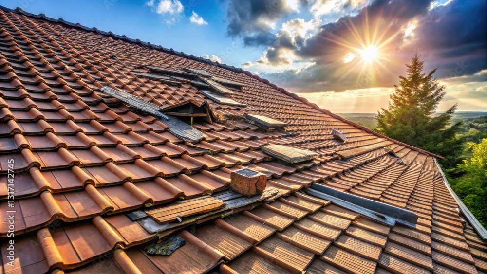 Damaged Roof Tiles at Sunset Needing Repair Soon Damaged Roof Tiles at Sunset Needing Repair Soon