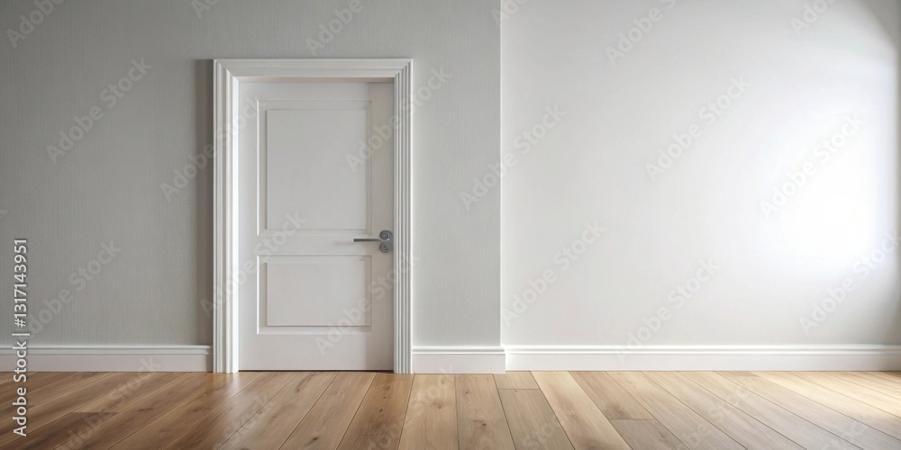 Fototapeta premium Modern Minimalist Interior Design Featuring a Closed White Door and Light Wood Flooring