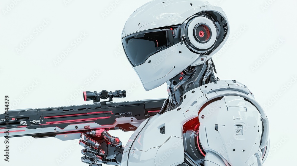 Futuristic Robot with High-Tech Gun in Sleek White Design Futuristic Robot with High-Tech Gun in Sleek White Design