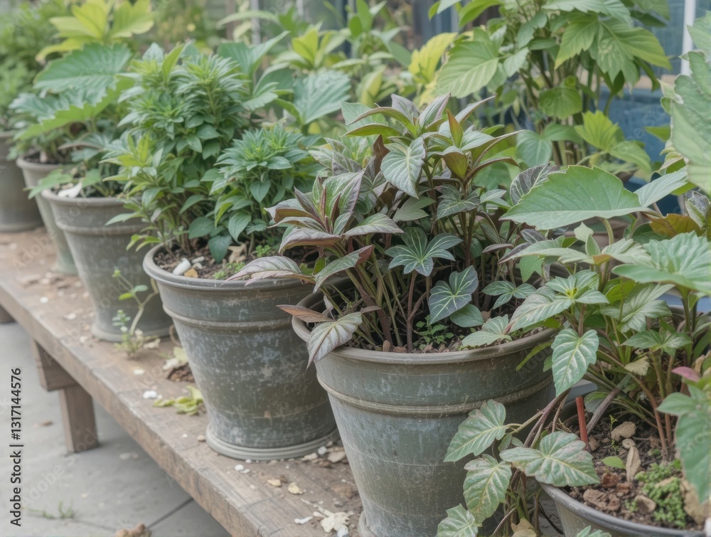 Pots of Diverse Green Plants Displayed in a Garden Setting with Lush Foliage and Tranquil Atmosphere Pots of Diverse Green Plants Displayed in a Garden Setting with Lush Foliage and Tranquil Atmosphere