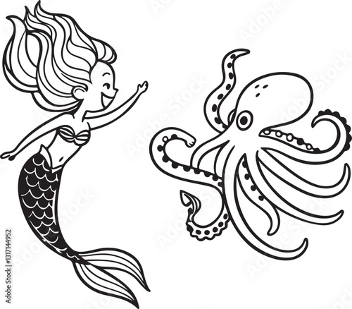 Vector art coloring pages for kids, showcasing playful mermaids and octopuses in a fun, imaginative design