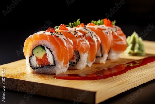 Salmon Sushi Rolls Served on a Wooden Board with Wasabi