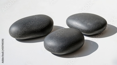 Three smooth black stones arranged artistically on a light surface, creating a serene atmosphere