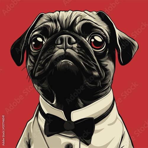 A pug in a tuxedo, pop art style, with a red background.