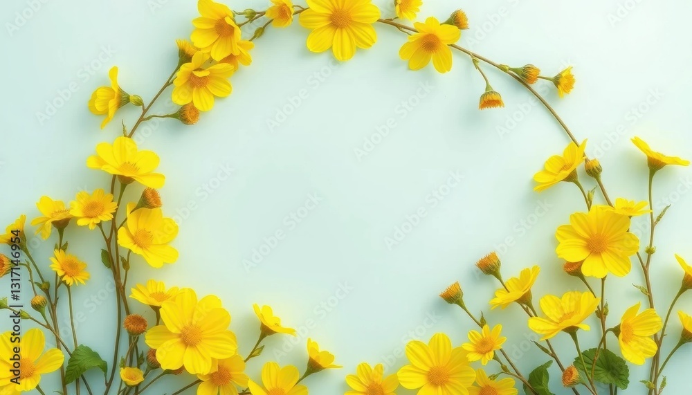 Vibrant Yellow Flowers Forming a Circular Frame Against a Soft Blue Background Vibrant Yellow Flowers Forming a Circular Frame Against a Soft Blue Background