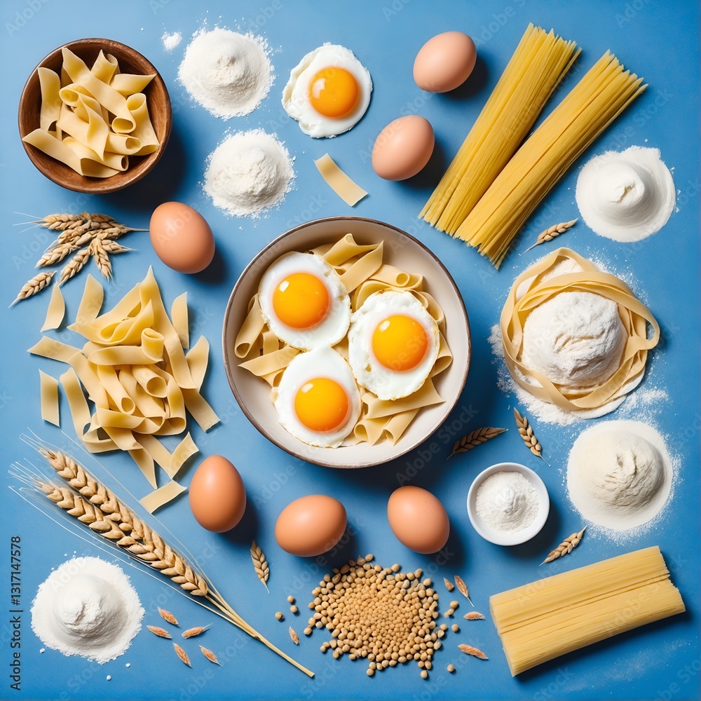 Making pasta with flour and eggs, ingredients on table. Cooking concept. Flat lay, top view.