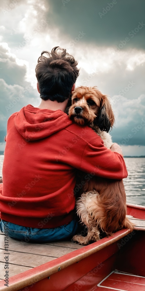 Rear view of man and his dog looking at lake sea water. Generative AI