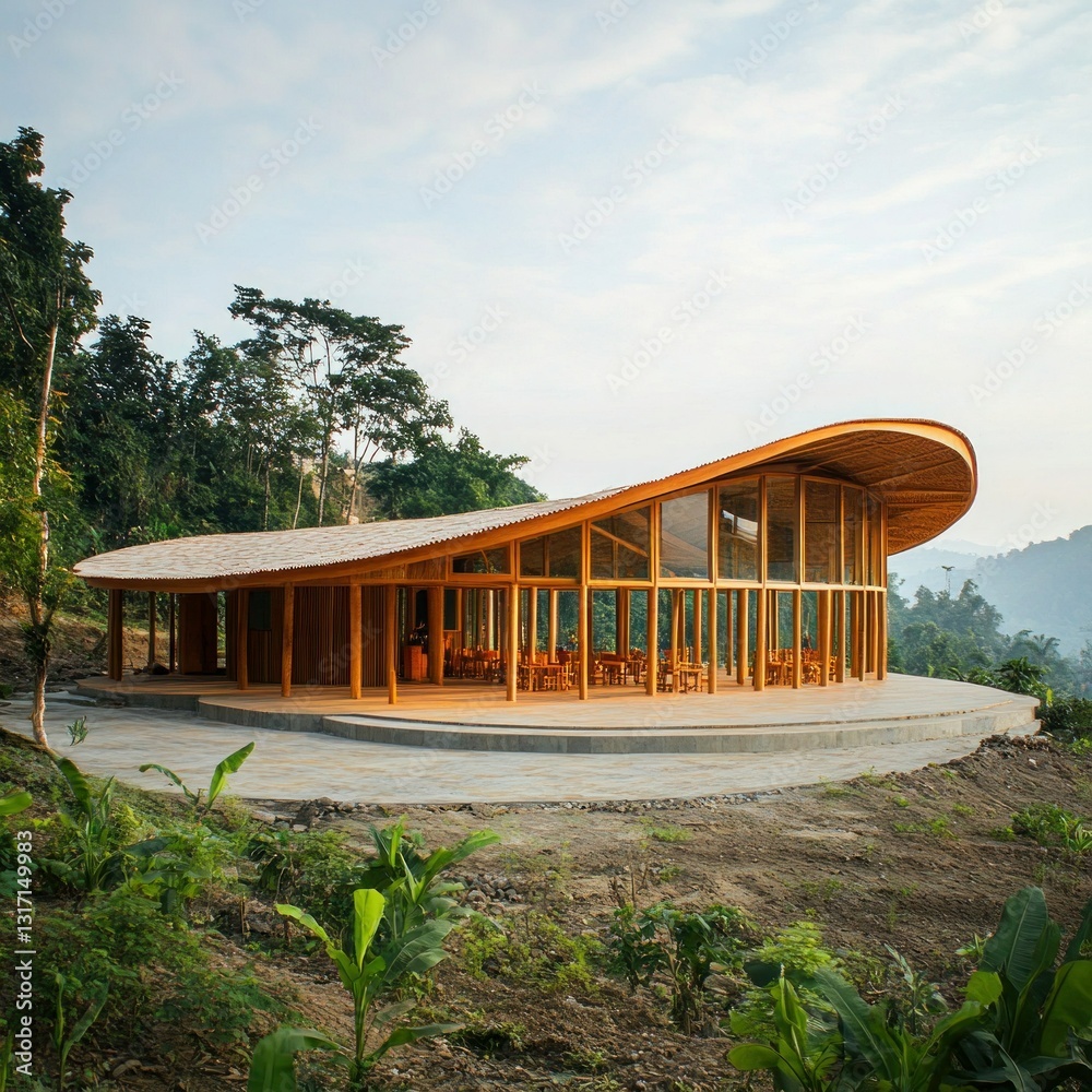 Obraz premium A community center built as a temporary green building using sustainable materials.