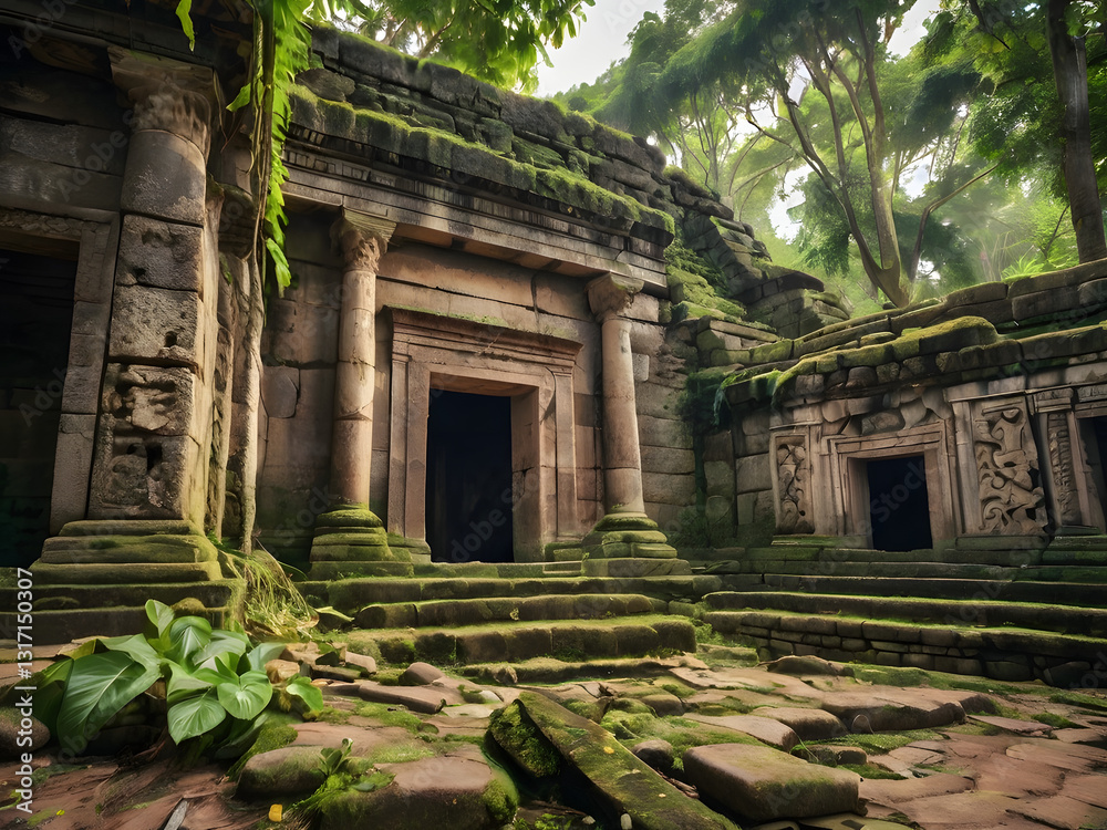 Ancient Ruins in Jungle: The evocative scene captures a mystical, moss-covered temple nestled within the depths of a lush jungle. The stone architecture, embraced by nature's touch. Ancient Ruins in Jungle: The evocative scene captures a mystical, moss-covered temple nestled within the depths of a lush jungle. The stone architecture, embraced by nature's touch.