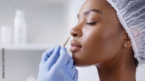 Skincare professional wearing blue protective gloves applying precision metal tool during facial treatment, targeting nose area with professional rejuvenation technique