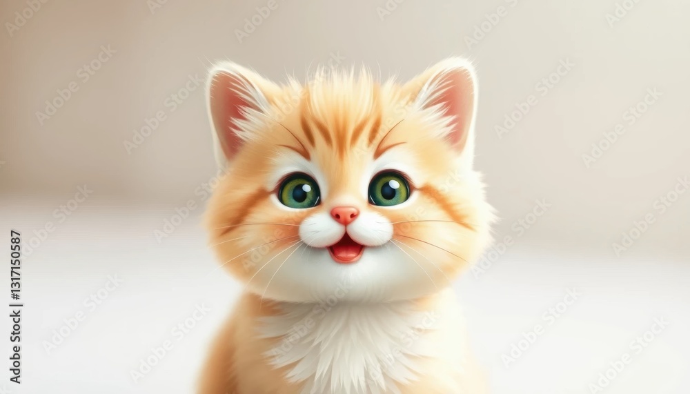 Fototapeta premium Adorable Fluffy Orange Kitten with Big Green Eyes and Happy Smile Against a Soft Background