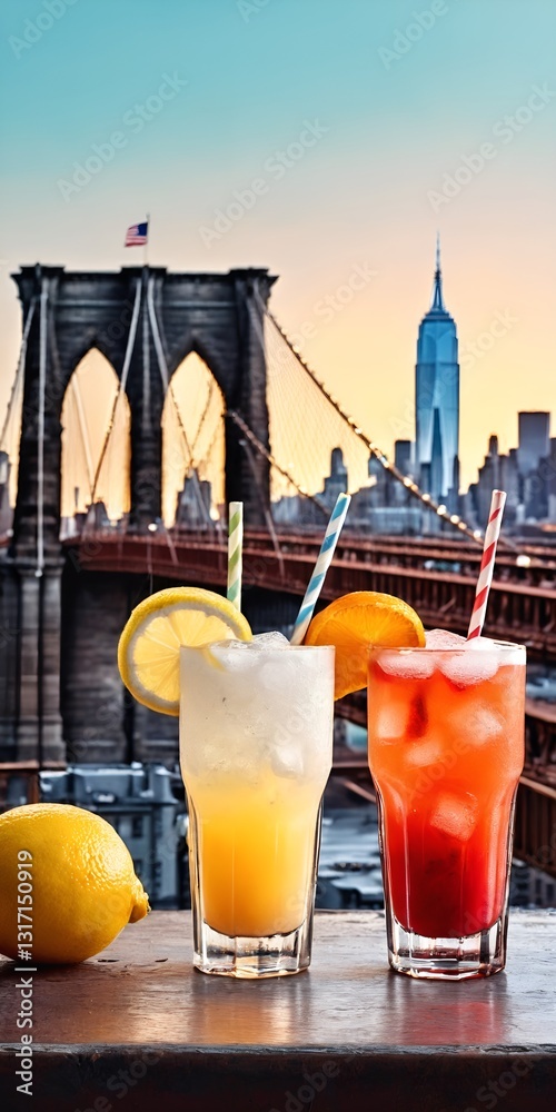 Alkohol cocktails in glasses against bridge city