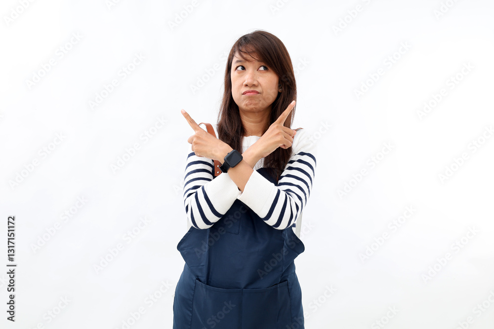 Beautiful asian female in apron thinking what do, look sideways thoughtful, cross hands chest pointing left and right, making choice, thinking what pick, taking important decision white background Beautiful asian female in apron thinking what do, look sideways thoughtful, cross hands chest pointing left and right, making choice, thinking what pick, taking important decision white background