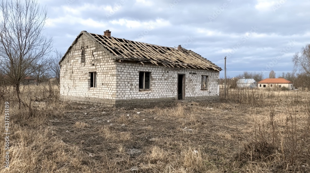 Weathered white brick farmhouse crumbling, roof collapsing amid barren rural terrain, signaling neglect and architectural deterioration Weathered white brick farmhouse crumbling, roof collapsing amid barren rural terrain, signaling neglect and architectural deterioration