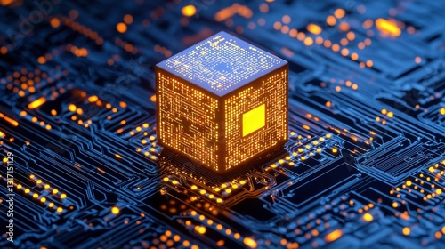 Futuristic Technology Concept with Glowing Cube and Circuit Board