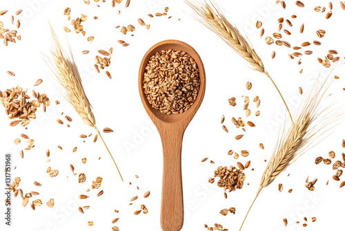 Spelt bran and grains with wooden spoon and ears of wheat isolated on white or transparent background, top view photo