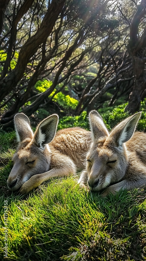 Fototapeta premium Two kangaroos resting together in a grassy area under trees.