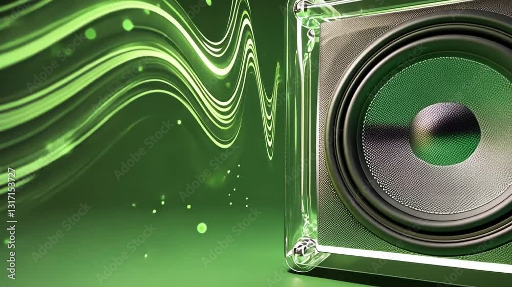 Speaker with sound waves in motion on a green background with vibrant energy