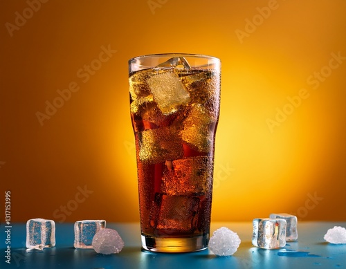 refreshing carbonated beverage served with ice cubes and sugar cubes on a bright background ideal for summer thirst quenching and beverage promotions photo