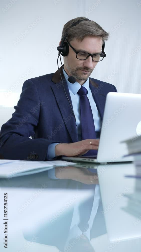 Businessman in blue suit is using a headset and laptop to offer customer service or online consultations. Business people concept Businessman in blue suit is using a headset and laptop to offer customer service or online consultations. Business people concept