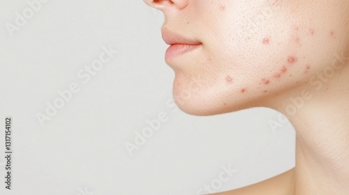 Close up profile revealing young woman's skin texture, showing acne marks, highlighting dermatological challenges and complexion variations