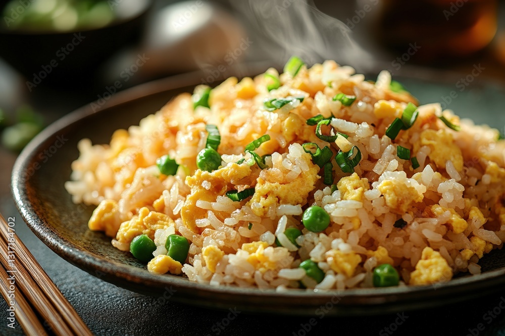 Golden, fluffy fried rice adorned with petite yellow and green veggies, creating a vibrant, comforting dish Golden, fluffy fried rice adorned with petite yellow and green veggies, creating a vibrant, comforting dish