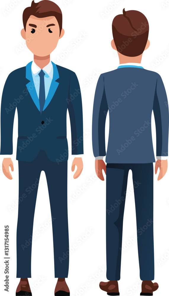 This stock image displays a stylized illustration of a man in a business suit, presented from both the front and back perspectives. This stock image displays a stylized illustration of a man in a business suit, presented from both the front and back perspectives.