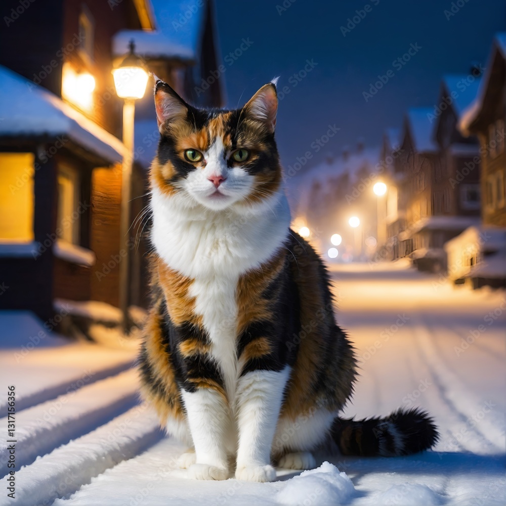 Cat walking down the snowy street in winter. Generated AI