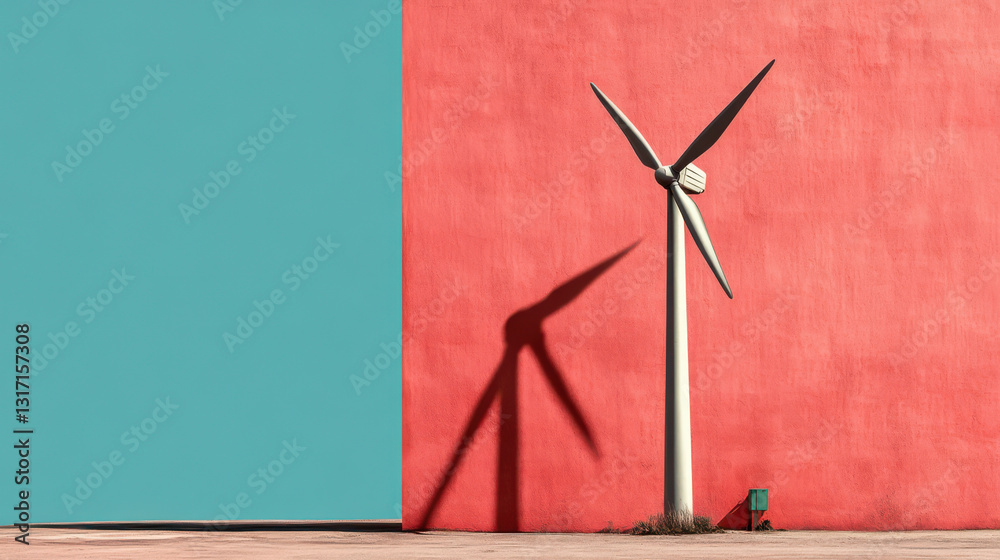 wind turbine casts shadow vibrant red wall against clear blue sky, symbolizing renewable energy and sustainability. minimalist composition highlights contrast between colors and turbine sleek wind turbine casts shadow vibrant red wall against clear blue sky, symbolizing renewable energy and sustainability. minimalist composition highlights contrast between colors and turbine sleek