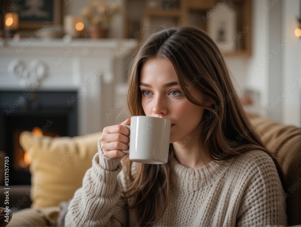 Thoughtful Young Woman Sipping Coffee in Cozy Living Room with Warm Ambiance and Fireplace Thoughtful Young Woman Sipping Coffee in Cozy Living Room with Warm Ambiance and Fireplace