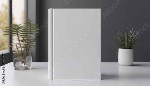 white book mockup front view with blank hard cover standing on white table 3d rendering
