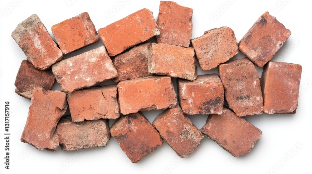 Weathered red bricks arranged on white studio surface, showcasing vintage industrial texture with raw, aged character and textural depth