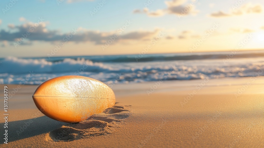 Golden Hour Surfboard on Sandy Beach at Sunset: A Peaceful Ocean View
