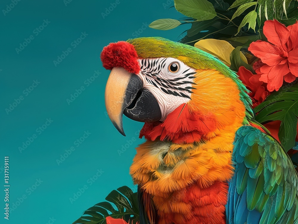 Fototapeta premium Exotic macaw parrot with vibrant plumage and tropical floral accents, perfect for wildlife and travel themes.