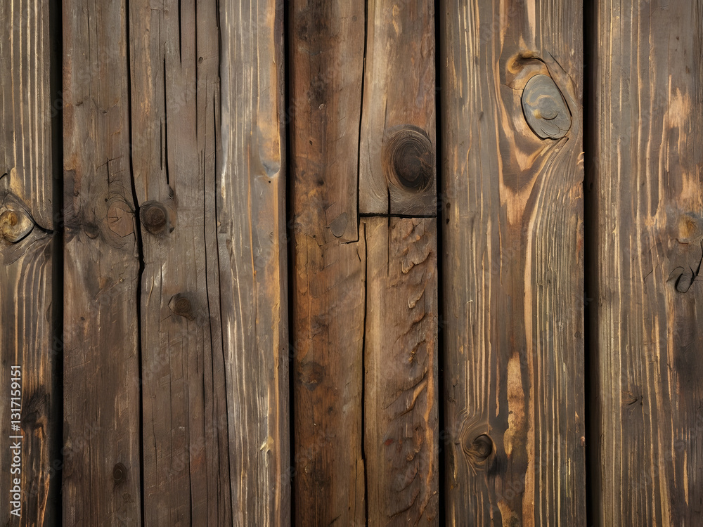 Naklejka premium Rustic Wooden Texture: A weathered wooden panel showcasing the raw beauty of natural wood. Close-up shot emphasizes the grain, knots, and patina of age, creating a rustic and textured backdrop. 
