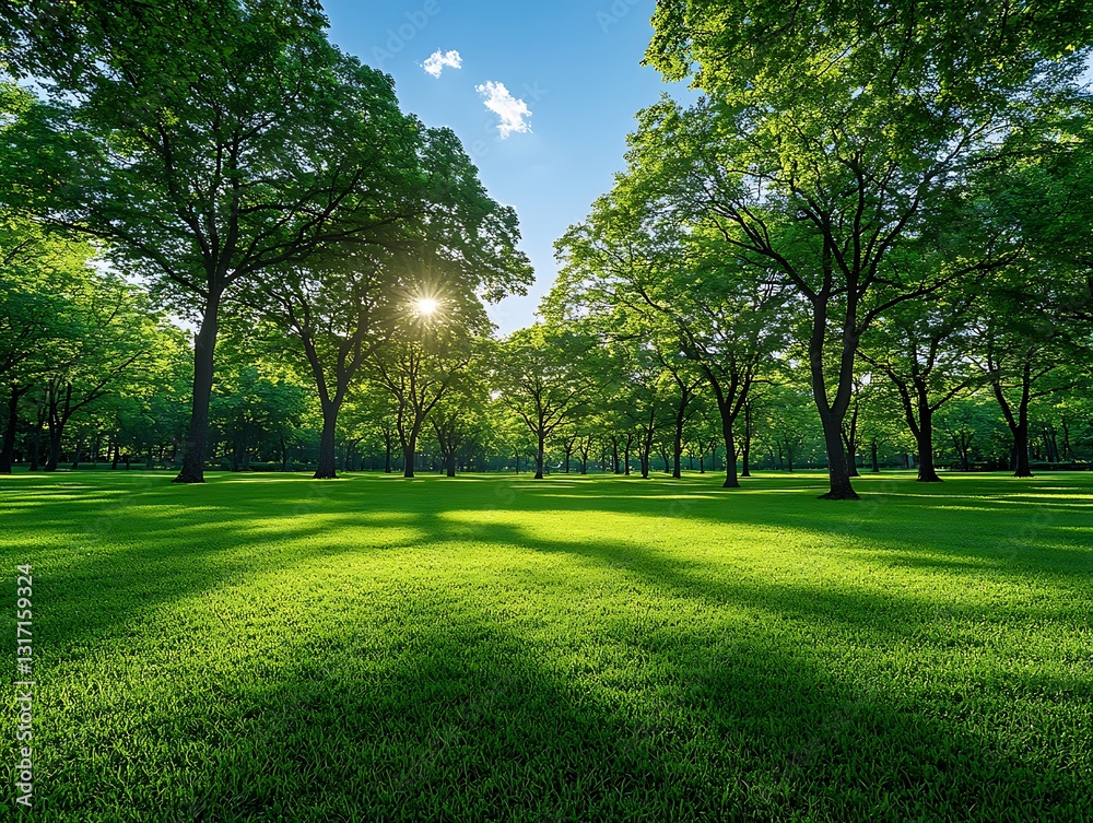 Obraz premium Serene Park Landscape with Sunlight Filtering Through Lush Green Trees.