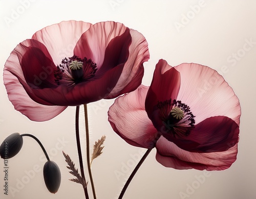 two translucent burgundy poppies on a cream background