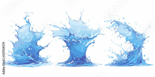 Flat linear water splash icons set: blue liquid wave designs.