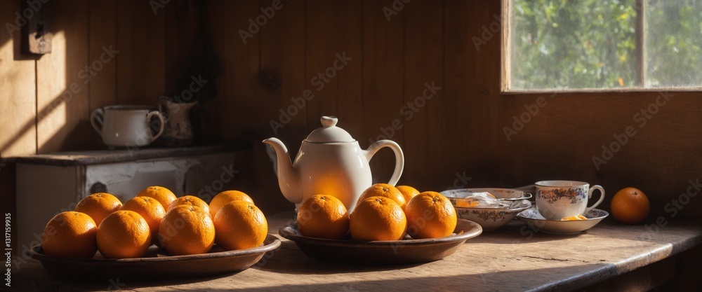 Cozy rustic kitchen interior with warm lighting, old wooden table and fresh farming produce on counter. Orange fruits on desk. Generative AI
