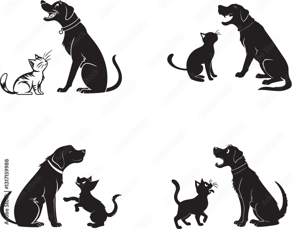 Naklejka premium Four vector-style silhouettes of dogs and cats, showcasing different poses and sizes in a minimalist design