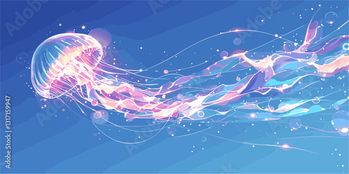Flat jellyfish icons set on blue background with luminescent tentacles, vector style.