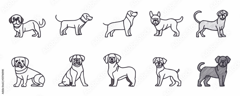 Flat linear dog icons set - vector style illustrations of various breeds.