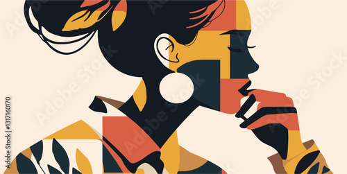 Flat vector icons set featuring abstract female profile in geometric style.