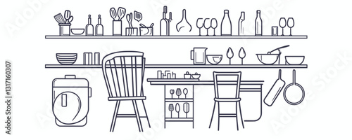 Linear flat kitchen icons set featuring two shelves with utensils and appliances vector.