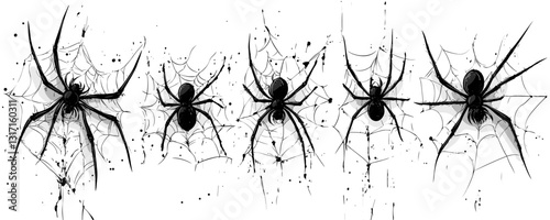 Flat linear spider web icons set featuring spiders on webs, ideal for halloween designs.