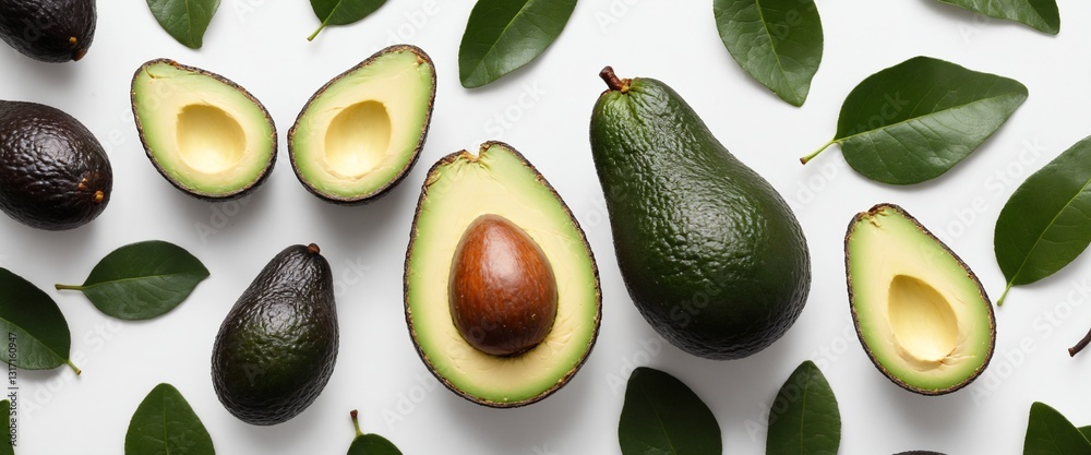 Fresh avocado fruits with green leaves on white background. Top view, flat lay. Eating healthy fats. Generative AI